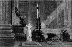 Papież Pius IX (1792-1878) modlił się przy figurze św. Piotra w Bazylice św. Piotra w Rzymie. Grawer z „”Rzym: opis i pamiątki”” Francisa Weya, lata 1870. autorstwa French School