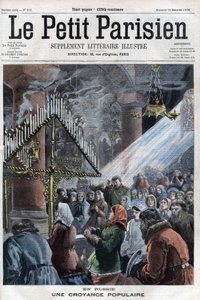 Powszechna wiara w Rosji: wierni zgromadzeni w kościele, by zebrać się w czasie choroby cara, są zaangażowani w ceremonię oddania 80 świec. Ci, którzy nie spłonęli po dwóch godzinach, wskazują liczbę pozostałych lat życia u suwerena autorstwa French School