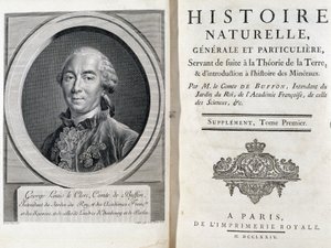 Portret i strona tytułowa „”Historia naturalna, ogólna i szczególna”” autorstwa Buffon autorstwa French School