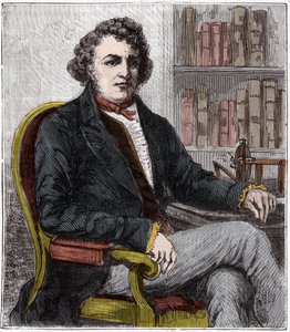 Portret Andre Marie Ampere (1775-1836) Francuski fizyk - Andre-Marie Ampere (1775-1836), francuski fizyk i pionier elektrodynamiki - Grawerowanie w „”Sciences mise à la range de tous – Physical et chimie populaires” autorstwa Alexisa Kleryk - koniec XIX w. autorstwa French School