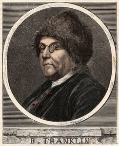 Portret BENJAMINA FRANKLINA (1706-1790) Amerykański drukarz, wydawca, naukowiec, wynalazca, mąż stanu i dyplomata - Portret Benjamina Franklina (1706-1790), amerykańskiego fizyka, filozofa i polityka - Grawerowanie w „”Nauki w zasięgu ręki autorstwa French School
