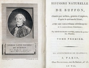 Portret Buffona i strona tytułowa "Historii naturalnej Buffona" sklasyfikowanej według rzędów, rodzajów i gatunków, zgodnie z systemem Linneusza. autorstwa French School