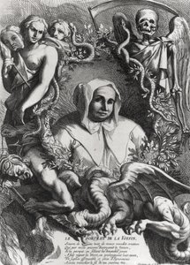 Portret Catherine Monvoisin (La Voisin) (1640-80) (rycina) (zdjęcie bw) autorstwa French School
