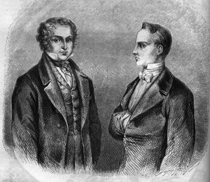Portret Charlesa Nodiera (1780-1844) i Prospera Merimee (1803-1870), pisarzy francuskich. Grawerowanie z lat 1866-1867. autorstwa French School