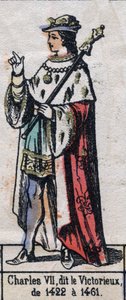 Portret Karola VII z Francji, zwanego Karolem Zwycięskim lub Karolem Dobrym (1403-1461) (dynastia Kapetyńska). Ilustracja z końca XIX wieku. autorstwa French School