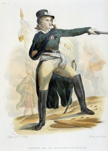 Portret Henriego du Vergiera, hrabiego La Rochejaquelein (lub Sadu La Rochejacquelein) (1772-1794) z flagą „live le roi” (na piersi insygnia Wandejczyków) - w „Le Plutarque Français”” autorstwa Mennechet, tom 8 1841 autorstwa French School