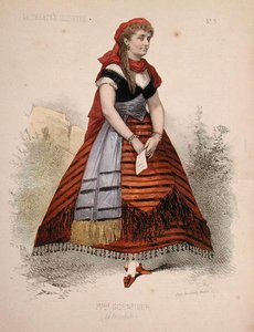 Portret Hortense Schneider (1833-1920) w roli La Perichole w operetce o tym samym tytule autorstwa Jacquesa Offenbacha (1819-90) ilustracja z „Le Theatre Illustre” (kolor litho) autorstwa French School