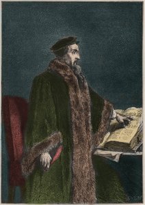 Portret Jeana Calvina (Jean Cauvin) (1509-1564), francuskiego reformatora religijnego i pisarza - Johna Calvina - rycina z „”Historia Francji opowiedziana moim wnukom”” - Francois Guizot - 1872-1876 autorstwa French School