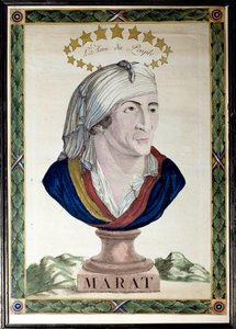Portret Jeana Paula Marata, francuskiego lekarza, dziennikarza i polityka (1743-1793), przyjaciela ludu. Akwaforta z mocną wodą i dłutem z XVIII wieku. Paryż, Musee Carnavalet. autorstwa French School