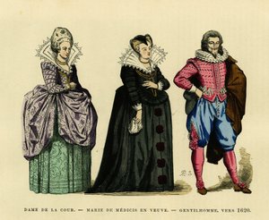 Portret Marii Medycejskiej (1573-1642), królowej Francji, w habicie wdowy, w otoczeniu damy dworu i pana, ok. 1620 r. Kolorowa rycina, we „Francja et les francais a travers les siecles” autorstwa Augustin Challamel, redaktor F.Roy, Paryż 18 autorstwa French School