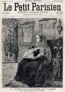 Portret angielskiej królowej Wiktorii (1819-1901), podróżującej przez Francję w swoim Salonie Wagonów. Pierwsza strona francuskiej gazety Le petit Parisien. 21 marca autorstwa French School