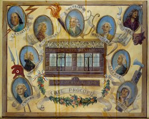 Portrety postaci historycznych i widok na paryską kawiarnię Le Procope: Benjamin Franklin, Jean Jacques Rousseau, Voltaire, Jean D