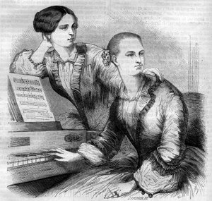 Portret sióstr Cruvelli, niemieckich tancerek. Sophie Cruvelli (Johanna Sofia Charlotte Cruwell, j.m.) (1826-1907) i Marie Cruvelli (Friederike Marie Cruwell, j.m.) (1824-1868). Grawerowanie z 1852 roku. autorstwa French School