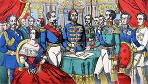 Portret władców Europy podczas traktatu pokojowego w 1856 r.: od lewej do prawej, Wiktor Emanuel II (Wiktor Emanuel) (Vittorio Emanuele), król Sardynii, Wiktoria, królowa Anglii, Napoleon III, cesarz turecki, Aleksander II, król Rosji, F autorstwa French School