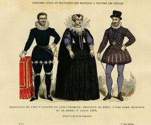 Portrety Antoine de Saint Chamand, pana Mery sur Oise i króla Francji Henryka IV (1553-1610), otaczające nieznaną kobietę, przed 1600 rokiem. Grafika w kolorach według rysunku Gaignieres, w "France et les francais à travers les siecles". autorstwa French School