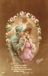 Pocztówka przedstawiająca żołnierza francuskiego i jego kochankę, 1914-18 (zdjęcie kolorowe) autorstwa French School