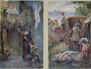 Pocztówki przedstawiające Cyrano de Bergerac z Roxanne i śmiercią chrześcijanina, ok. 1900 autorstwa French School