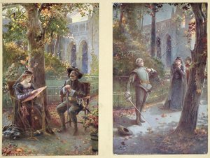 Pocztówki przedstawiające Cyrano de Bergerac z Roxanne, ok. 1900 autorstwa French School
