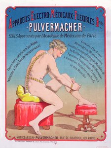 Plakat reklamujący elektro-medyczną maszynę do masażu i stymulacji ciała Pulvermacher, 1884