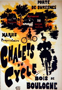 Plakat reklamujący Chalets du Cycle, Bois de Boulogne, w pobliżu Porte de Suresnes autorstwa French School