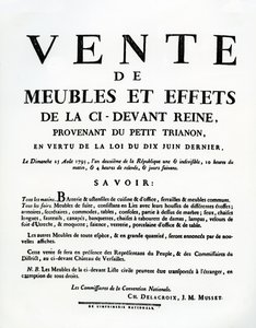 Plakat reklamujący sprzedaż mebli i przedmiotów należących do Marii Antoniny w dniu 25 sierpnia autorstwa French School