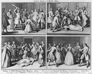 Praktyka asystowania Gabrielle Moler, ilustracja z La verite des cuds de M. de Paris... Louis Basile Carre de Montgeron (1686-1754) 1747, Kolonia autorstwa French School
