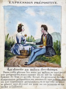 Wyrażenie przyimkowe (Kuchnia na środku pól) - Gramatyka na obrazach, ok. 1850 autorstwa French School
