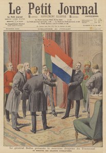 Premier Louis Botha prezentuje nową flagę kolonii Transwalu brytyjskiemu kolonializmowi … (kolor lito) autorstwa French School