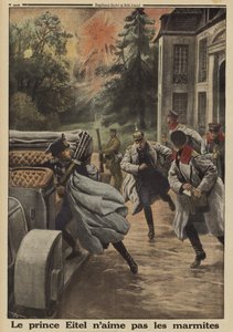 Książę Eitel Friedrich z Prus, drugi syn cesarza Niemiec Wilhelma II, ucieka w panice, gdy jego kwatera główna w Chateau de Temple-la Fosse zostaje zbombardowana przez francuską artylerię podczas bitwy nad Sommą, I wojna światowa. autorstwa French School