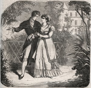 Księżna Walii Karolina z Brunszwiku (1768-1821) spacerująca ze swoim kochankiem, Bartolomeo Bergami. Grawer z 1871 r. w „Histoire Des Cocus Celebres” Henry