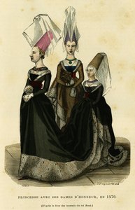 Księżniczka z damami dworu, około 1470 roku. Kolorowa rycina według księgi turniejów króla Rene, w "France et les francais a travers les siecles" Augustina Challamela, redaktora F.Roya, Paryż 1882. Kolekcja Selva. autorstwa French School