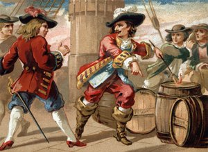 Kaper Jean Bart (1650-1702) groził korsarzowi angielskiemu, który wziął go do niewoli, grożąc wysadzeniem statku przez podpalenie beczki prochu. Chromolitografia z końca XIX wieku autorstwa French School