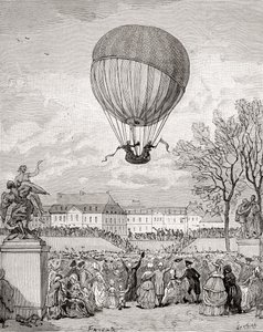 Profesor Jacques Charles i Nicolas-Louis Robert latają pierwszym na świecie załogowym balonem wodorowym 1 grudnia 1783 r. w Ogrodach Tuilleries w Paryżu, z „Histoire de France”, opublikowanej ok. 1880 r. (rycina) autorstwa French School