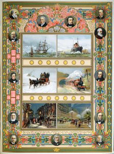 Postęp w okresie panowania królowej Wiktorii (1819-1901). Żaglowce, statki parowe, pociągi parowe oraz gazowe i elektryczne oświetlenie uliczne, 1887 autorstwa French School