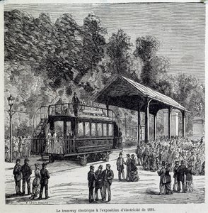 Postęp w transporcie: tramwaj elektryczny wystawił elektryczność w 1881 roku. Rycina XIX wieku autorstwa French School
