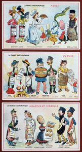 Karty promocyjne i edukacyjne dla dzieci przedstawiające specjały kulinarne regionu Lotaryngii, ok.1910 r. autorstwa French School