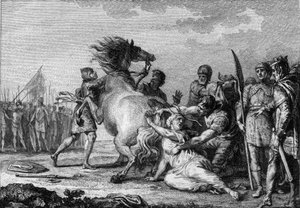 Kara Brunehauta, 613: Brunehaut lub Brunehilda (543-613), królowa Austrazji, zostaje przyczepiona do ogona niezłomnego konia, zanim zostanie wciągnięta na ziemię. Rycina z XVIII wieku. autorstwa French School