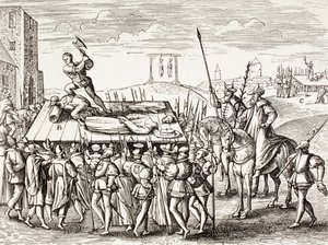 Kary ogłoszone przez króla Henryka VIII przeciwko katolikom angielskim, z książki „Życie wojskowe i religijne w średniowieczu” Paula Lacroix, opublikowane w Londynie ok. 1880 r. autorstwa French School