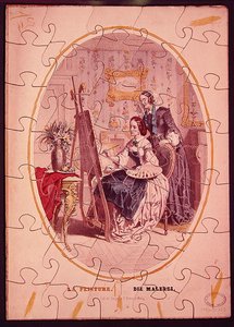 Puzzle przedstawiające kobietę malującą przy sztalugach, ok. 1840-50 (litografia barwna) autorstwa French School