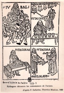 Pitagoras (ok. 580-500 pne) odkrywa współbrzmienia oktawy z Theorica Musicae Franchino Gaffurio, wydanej po raz pierwszy w 1480, z Revue de lHistoire du Theatre, 1959 (bw fot. autorstwa French School