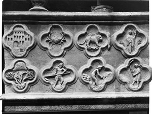 Czterolistne liście Proroka Aggee: odbudowana świątynia i wysuszona ziemia oraz czterolistne znaki zodiaku i trudy roku, z katedry Notre-Dame w Amiens (tynk autorstwa French School