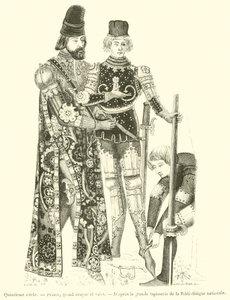 XV wiek, książę, wielki giermek i lokaj (rycina) autorstwa French School