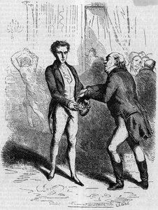 Rastignac zawroty głowy pozwala siwowłosemu mężczyźnie wziąć dziesięć ludwików. Grawerowanie w połowie XIX wieku. Ilustracja do „Ojca Goriota” Honore de Balzac (1799-1850). autorstwa French School