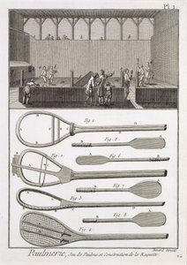 Prawdziwy tenis i konstrukcja rakiet, z Encyklopedii Denisa Diderota (1713-84), rycina Roberta Benarda (ur. 1734), wydana ok. 1770 autorstwa French School