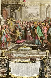 Przyjęcie Mehemeta Effendi tureckiego ambasadora wielkiego sułtana Achmeta przez Ludwika XV 21 marca 1721 r. w Tuileries. Rycina z XVIII wieku. Kolekcja prywatna. autorstwa French School