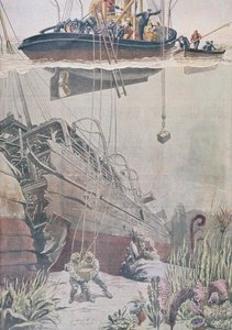 Odzyskiwanie skarbu z wraku Oceana, ilustracja z Le Petit Journal, 1912 autorstwa French School