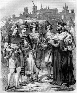 Rektor i studenci różnych narodowości na Uniwersytecie Praskim w XVII wieku. Grawerowanie z 1852 roku. autorstwa French School