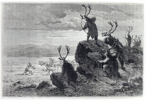 Polowanie na renifery w epoce kamienia, ilustracja z LHomme Primitif, Louis Figuier (1819-94) opublikowana przez Hachette, 1870 autorstwa French School