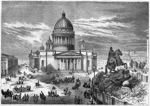 Architektura sakralna: widok na cerkiew św. Izaaka (1819-1858) w Sankt Petersburgu (Petersburg) w Rosji, zbudowaną według planów architekta Ricarda de Montferrand (1786-1858). Po prawej stronie znajduje się konny pomnik Piotra autorstwa French School