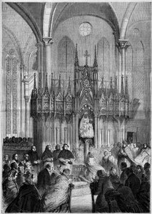 Sztuka sakralna: statua Notre Dame du Pillar lub „Virgo Noire” (ok. 1540) w katedrze w Chartres (Eure et Loire, 28) w 1858 r. Grawer „Le Monde Illustré” nr 89 z 25 grudnia 1858. autorstwa French School